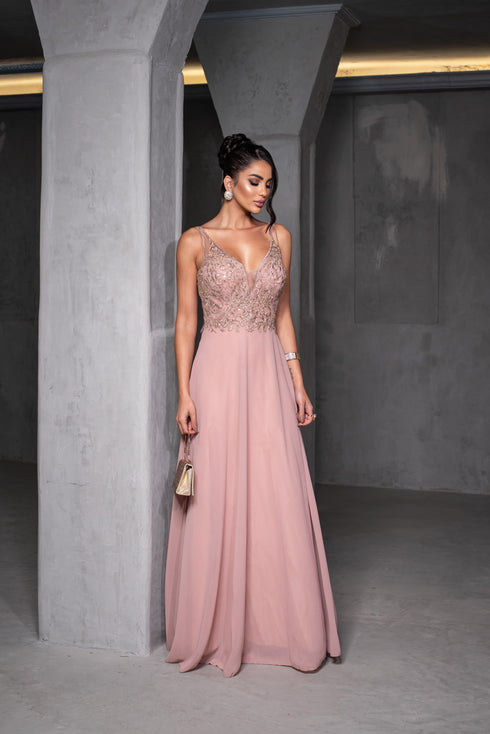 VESTIDO DECOTE V RENDA BORDADO VESTIDO DE FESTA PETRA FINA ROSE P